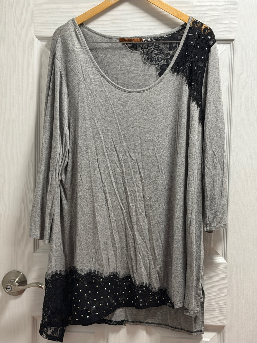 Belldini Gray Long Sleeve Tunic with Black Lace Detail
